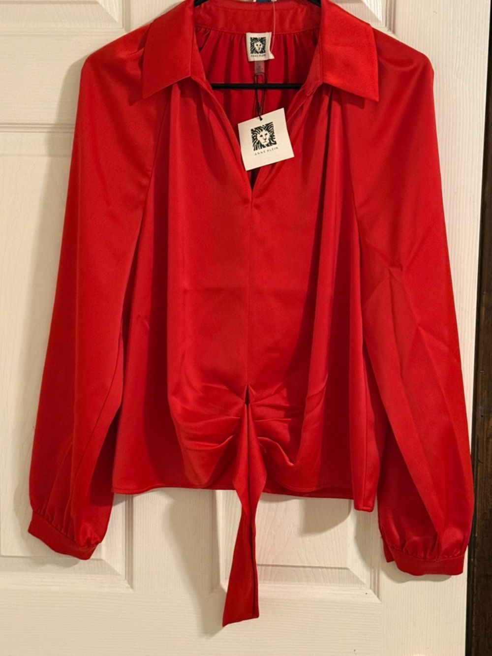 Anne Klein Red Satin Tie-Front Button Down Blouse